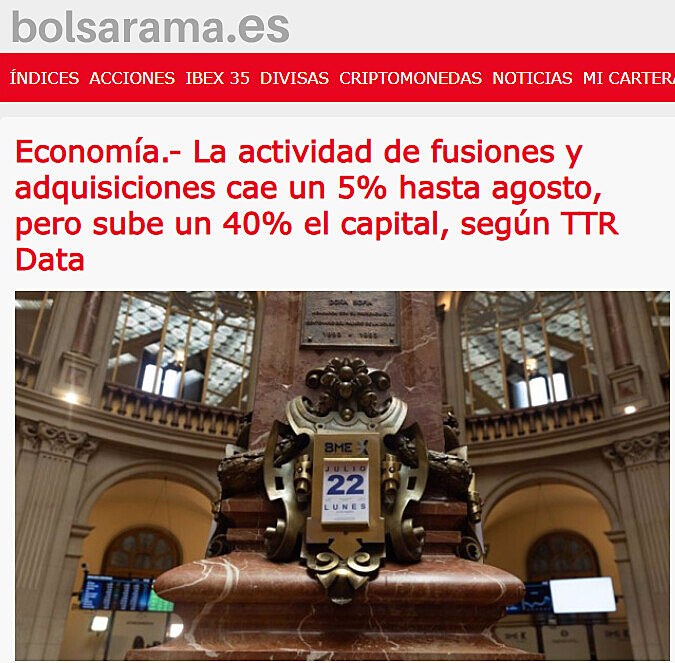 Economa.- La actividad de fusiones y adquisiciones cae un 5% hasta agosto, pero sube un 40% el capital, segn TTR Data